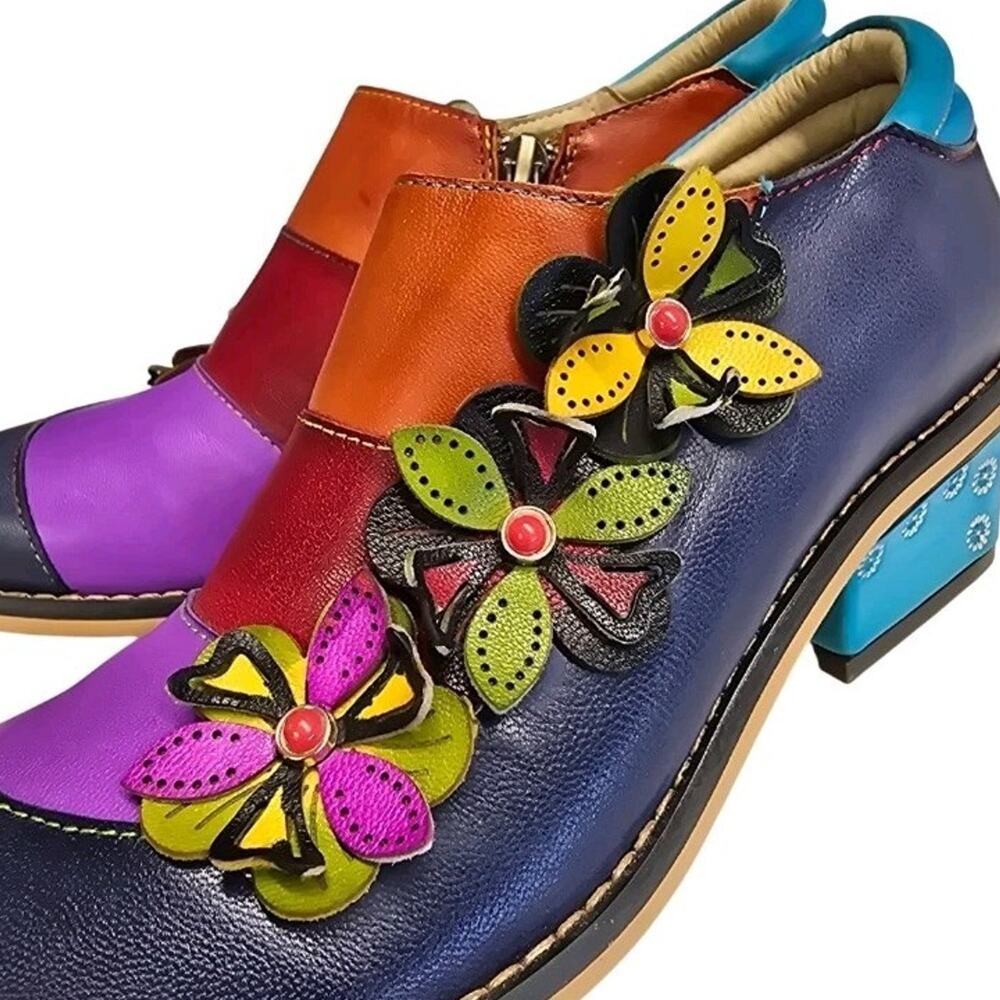 Socofy Women's Size 38 Floral Patchwork Leather Mary Jane Block Heel Shoes Zip - Picture 11 of 12